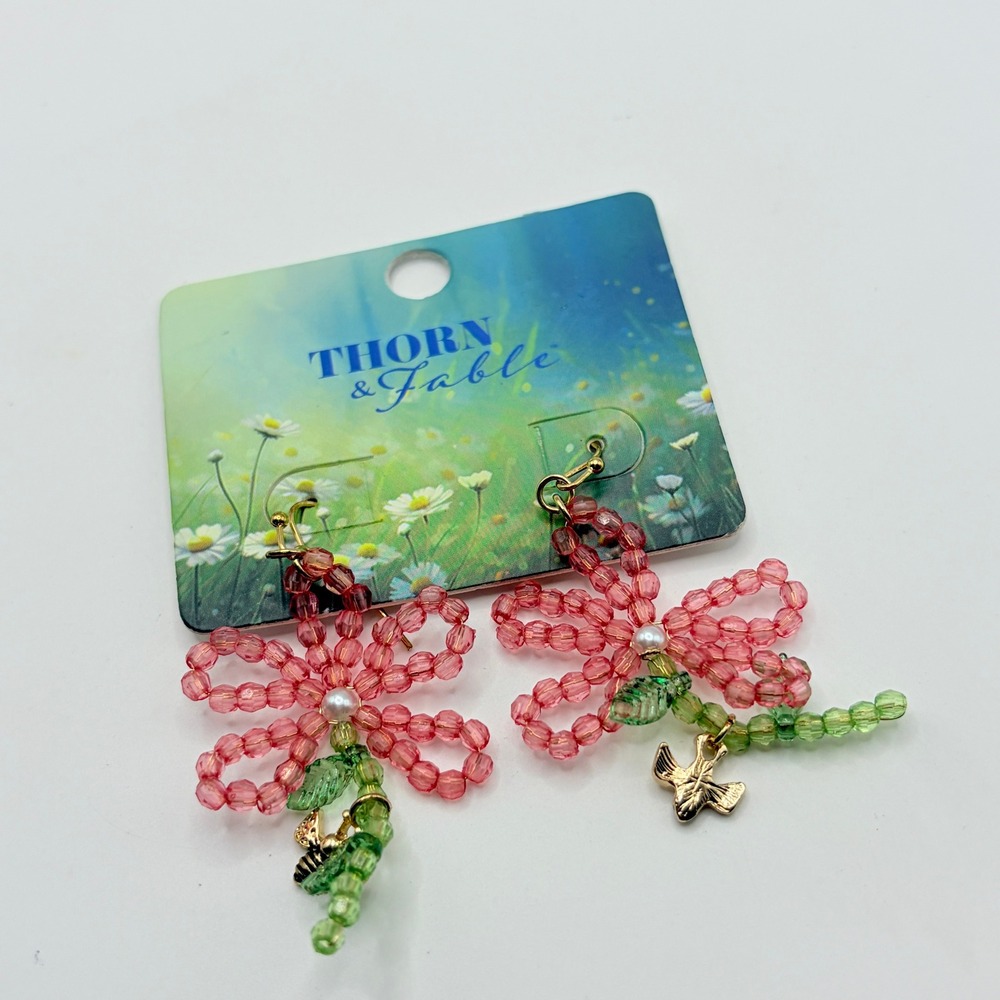 Thorn & Fable Pink Flower Bead Drop Earrings Womens NWT Cottagecore Boho Floral